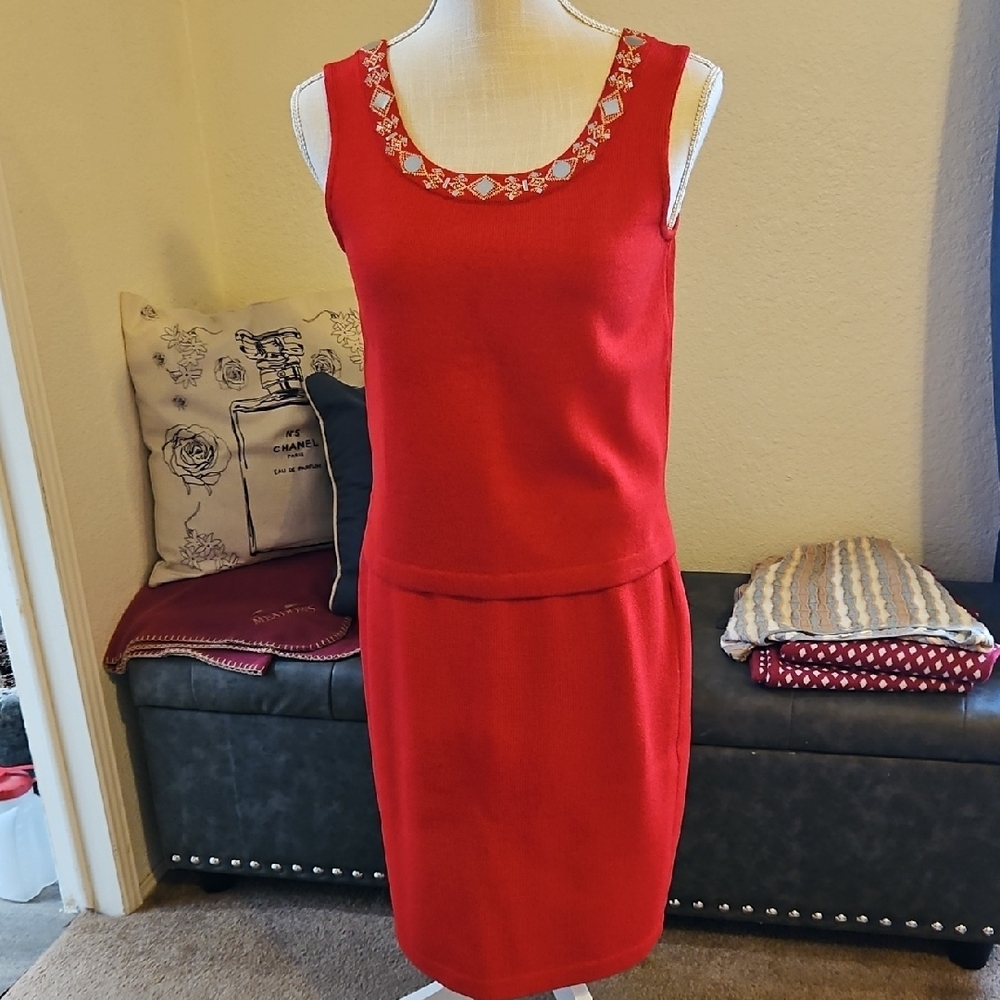 St. John Vibrant Red Knit Skirt Set